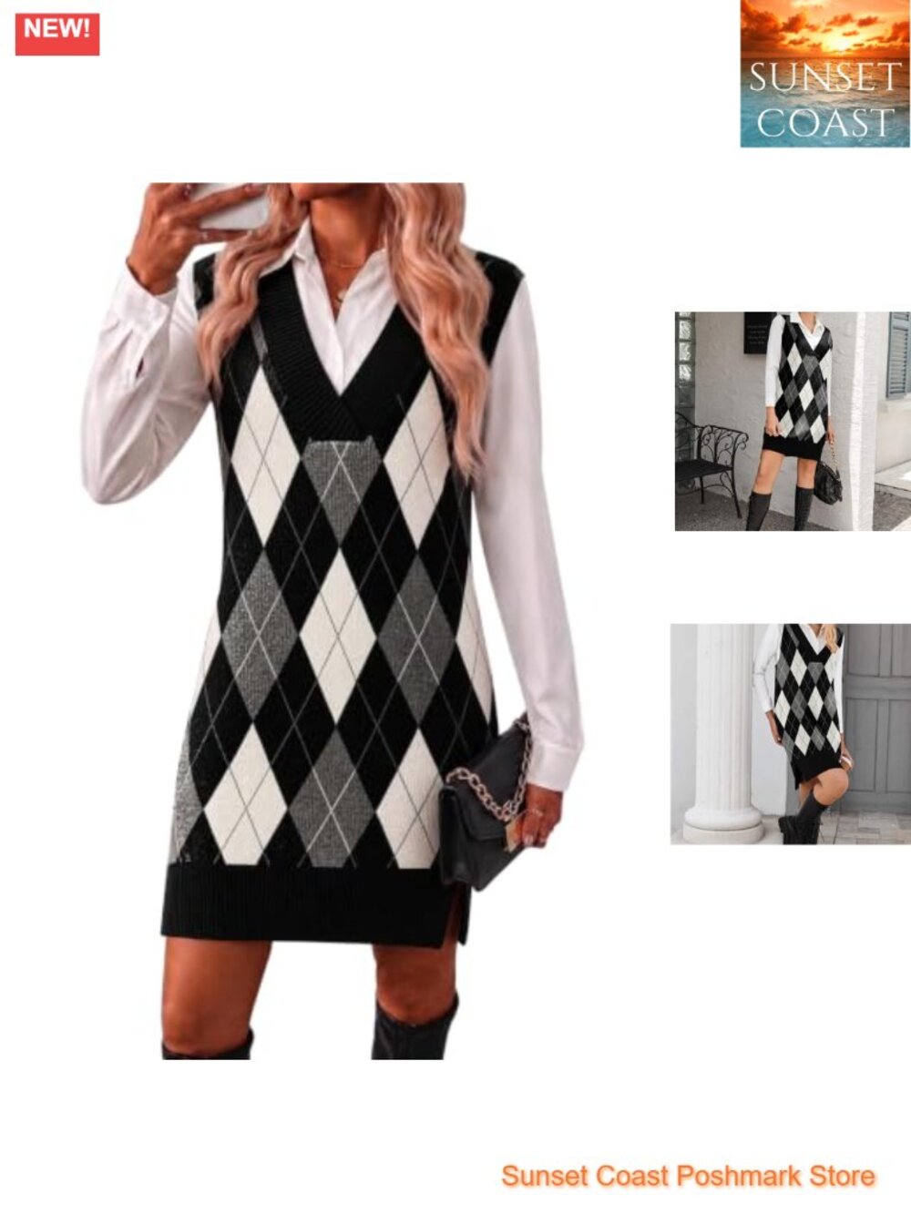 V Neck Sweater Vest Dress Oversized Sleeveless Knit Pullover Casual Fall Winter